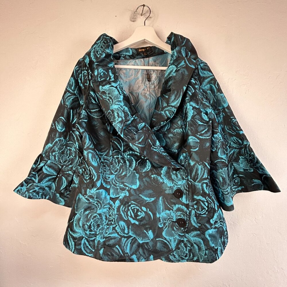 Jerry T Women’s Floral Brocade Jacket Black Teal Rose Print Wide Collar Large